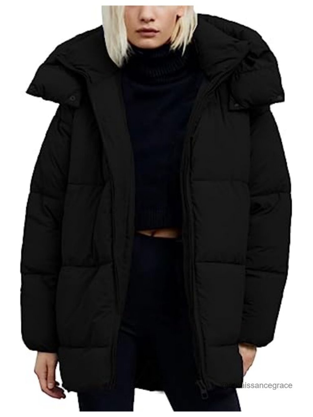 Quilted Hooded Puffer Jacket Mid-Length Padded Winter Coat Loose Fit